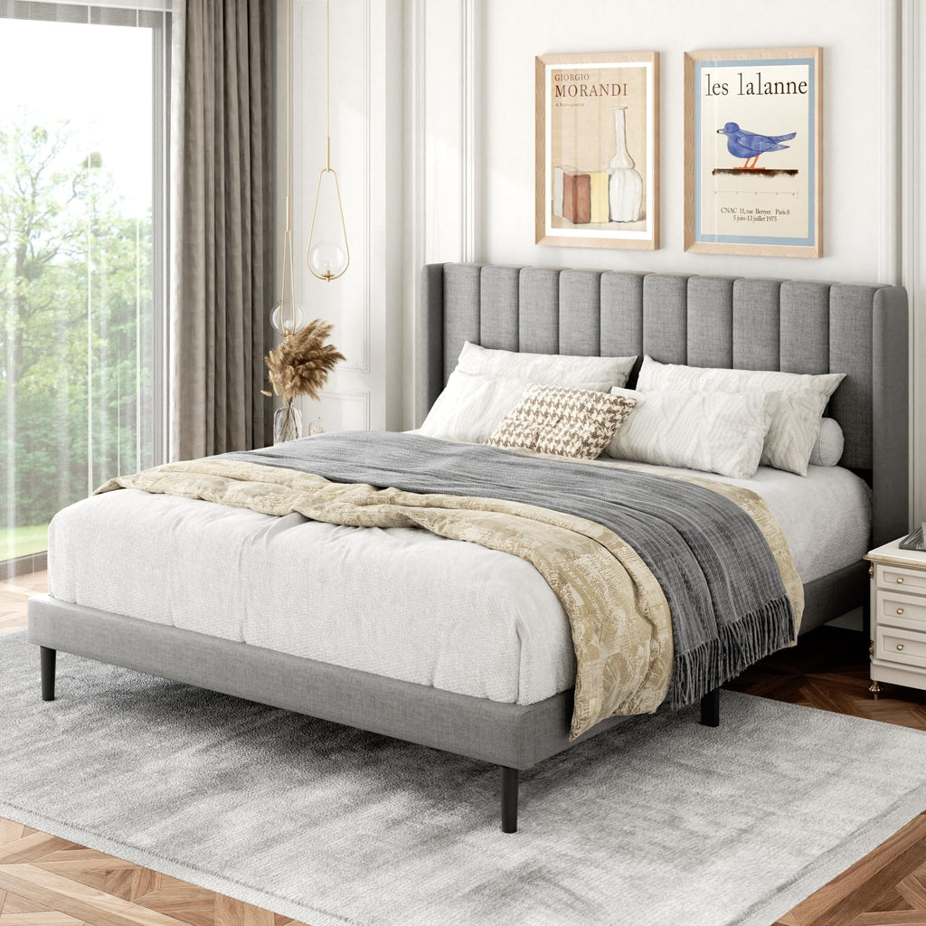 Queen Size Upholstered Platform Bed Frame with Wingback Headboard L74199