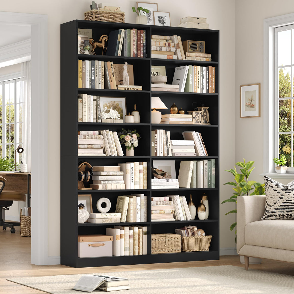 83.7" Tall 7-Tier Double Black Bookshelf and Bookcase V78595