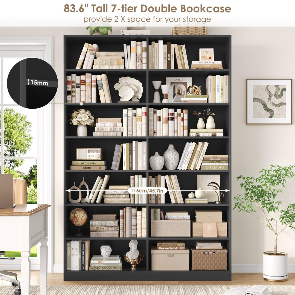 83.7" Tall 7-Tier Double Black Bookshelf and Bookcase V78595