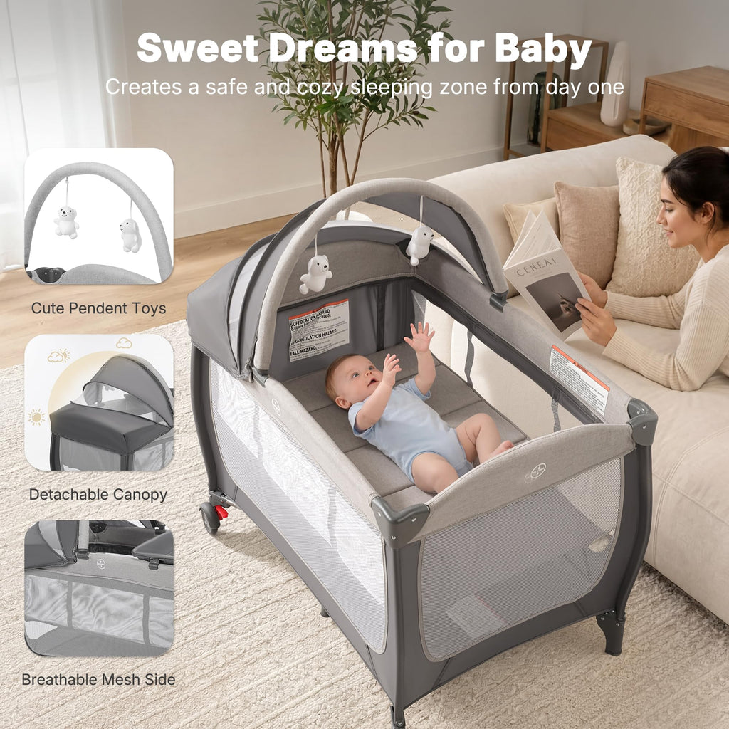 4-in-1 Pack and Play with Bassinet, Gray Q538909