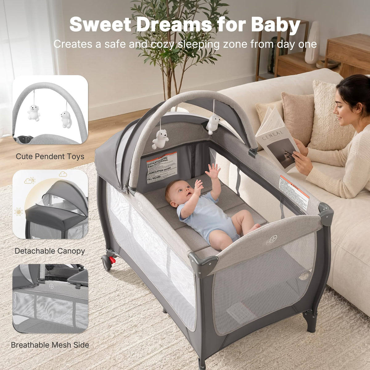 4-in-1 Pack and Play with Bassinet, Gray Q538909