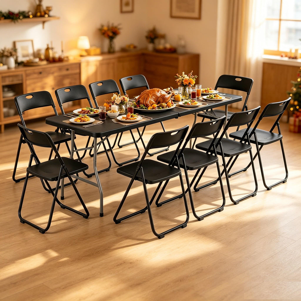Black 8 Feet Foldable Picnic Table with 10 Folding Chairs X475