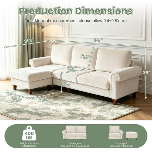 100" L-Shaped Velvet Sectional Sofa with Ottoman I285911