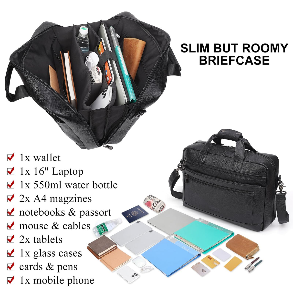 Black Leather 16 Inch Laptop Briefcase Bag E35246