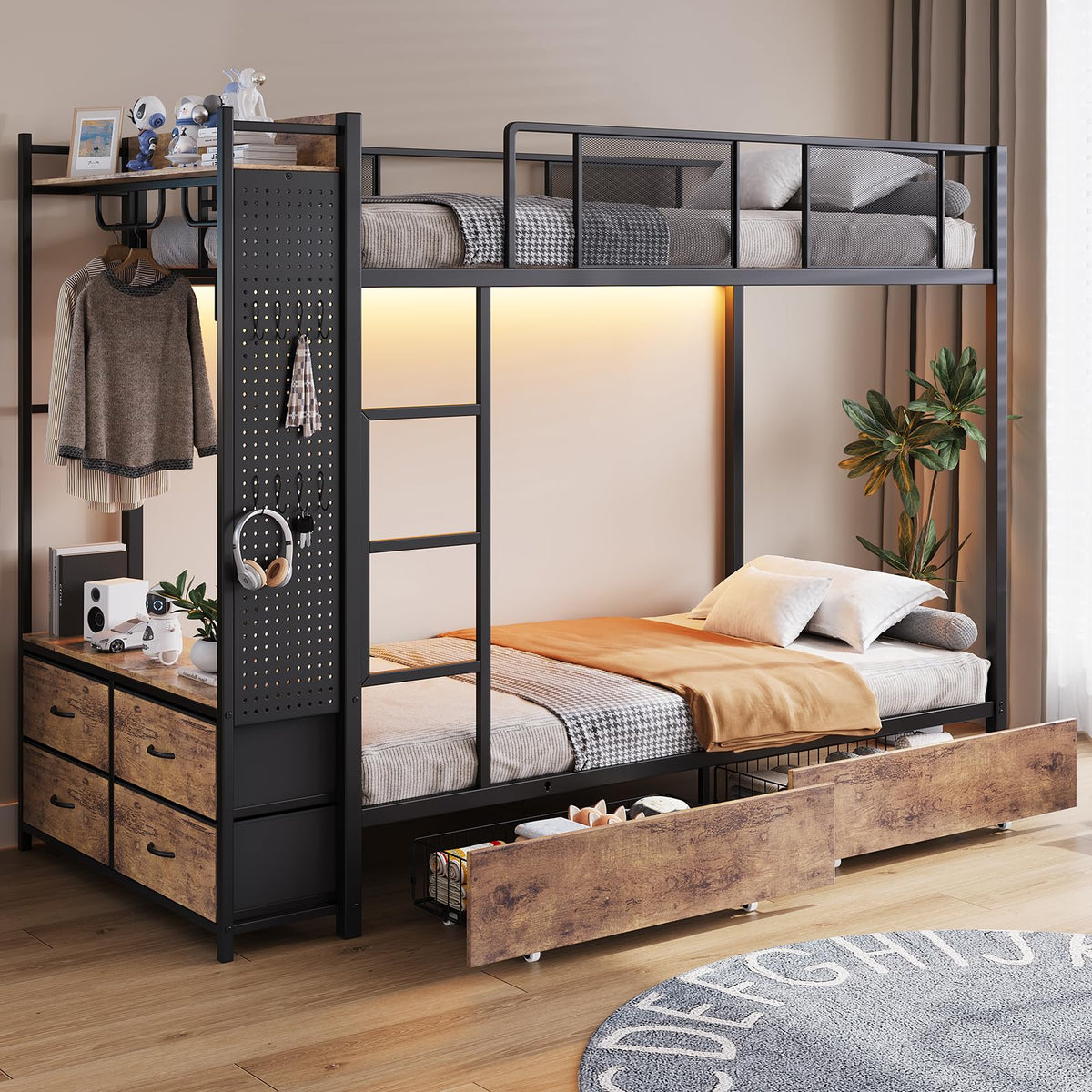 Twin Over Twin Metal Bunk Bed with Storage Drawers J7389