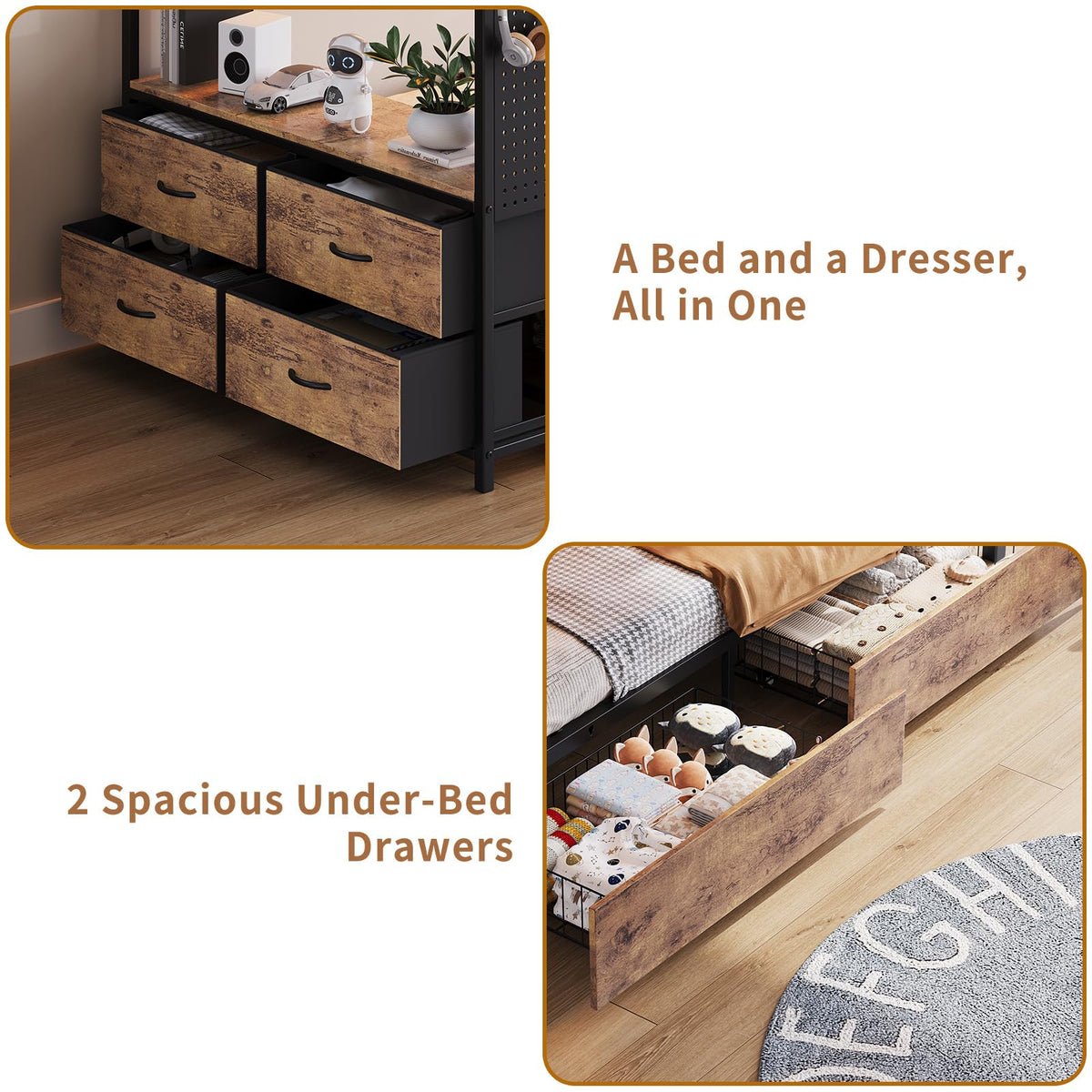 Twin Over Twin Metal Bunk Bed with Storage Drawers J7389