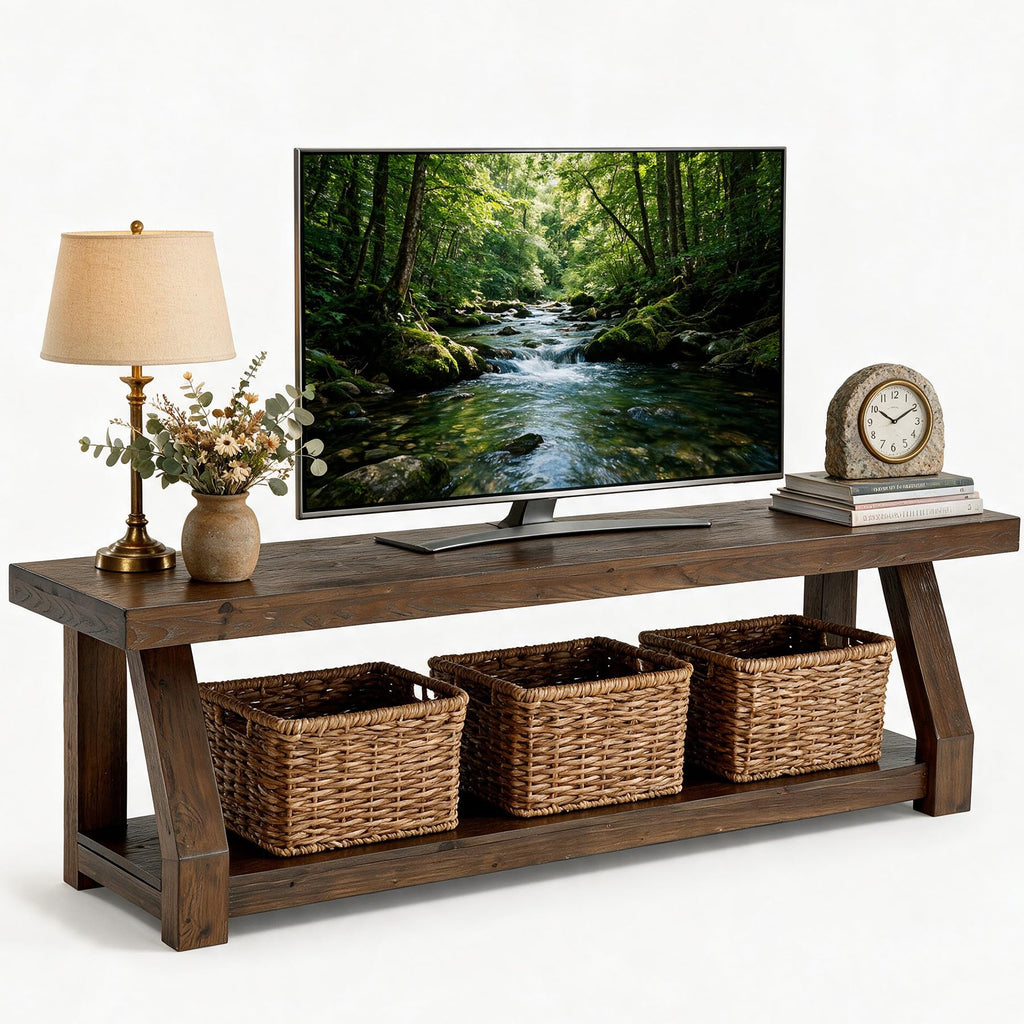 Solid Wood TV Stand, 2-Tier Media Console with Open Storage, Walnut Brown F75067