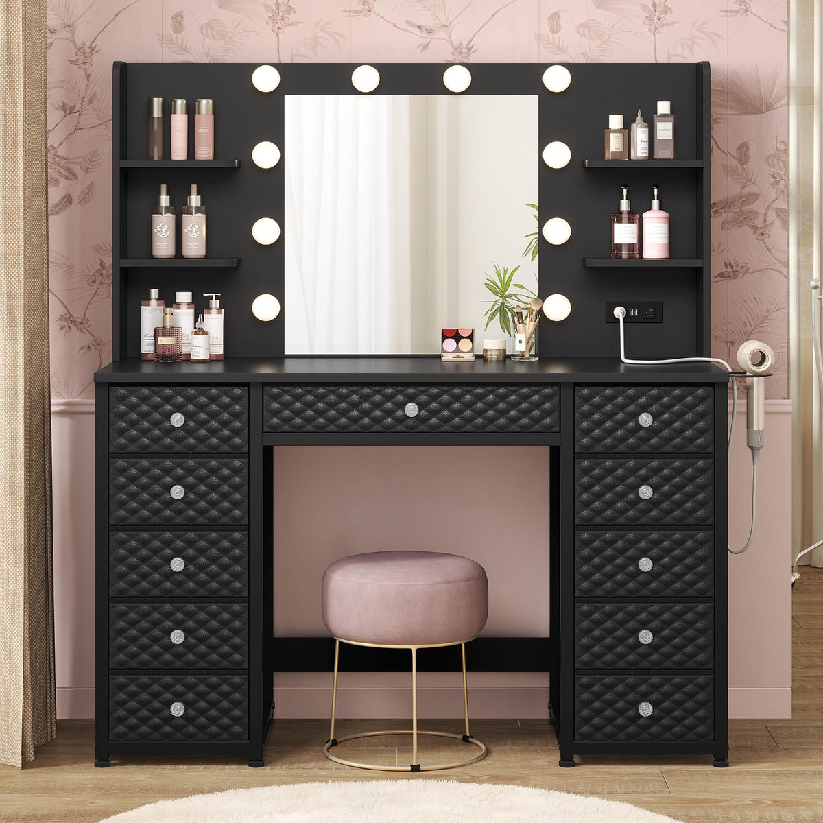 Black Vanity Desk with Mirror and Lights, 11 Drawers E890