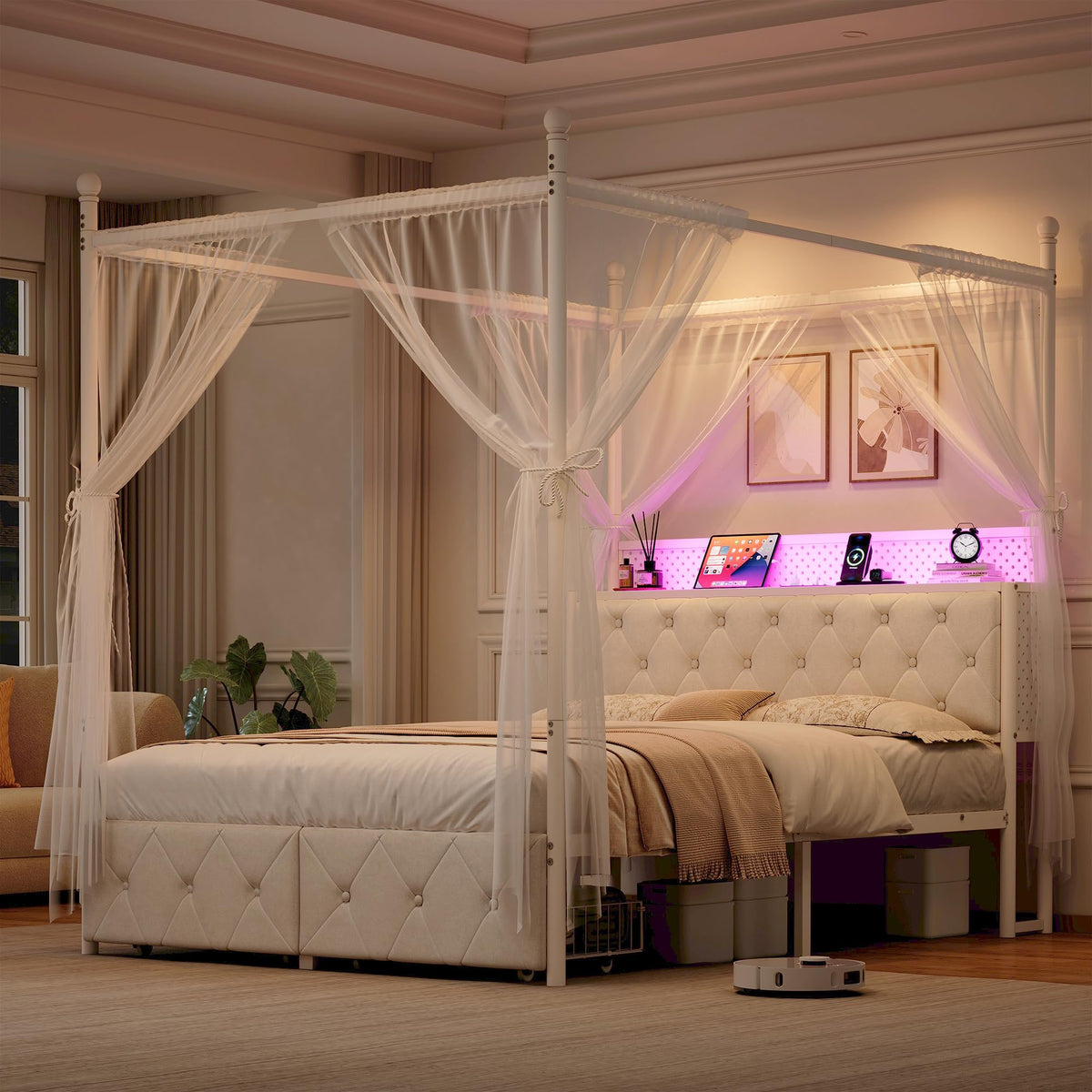 Full Size Canopy Bed Frame with Charging Station and LED Lights K971