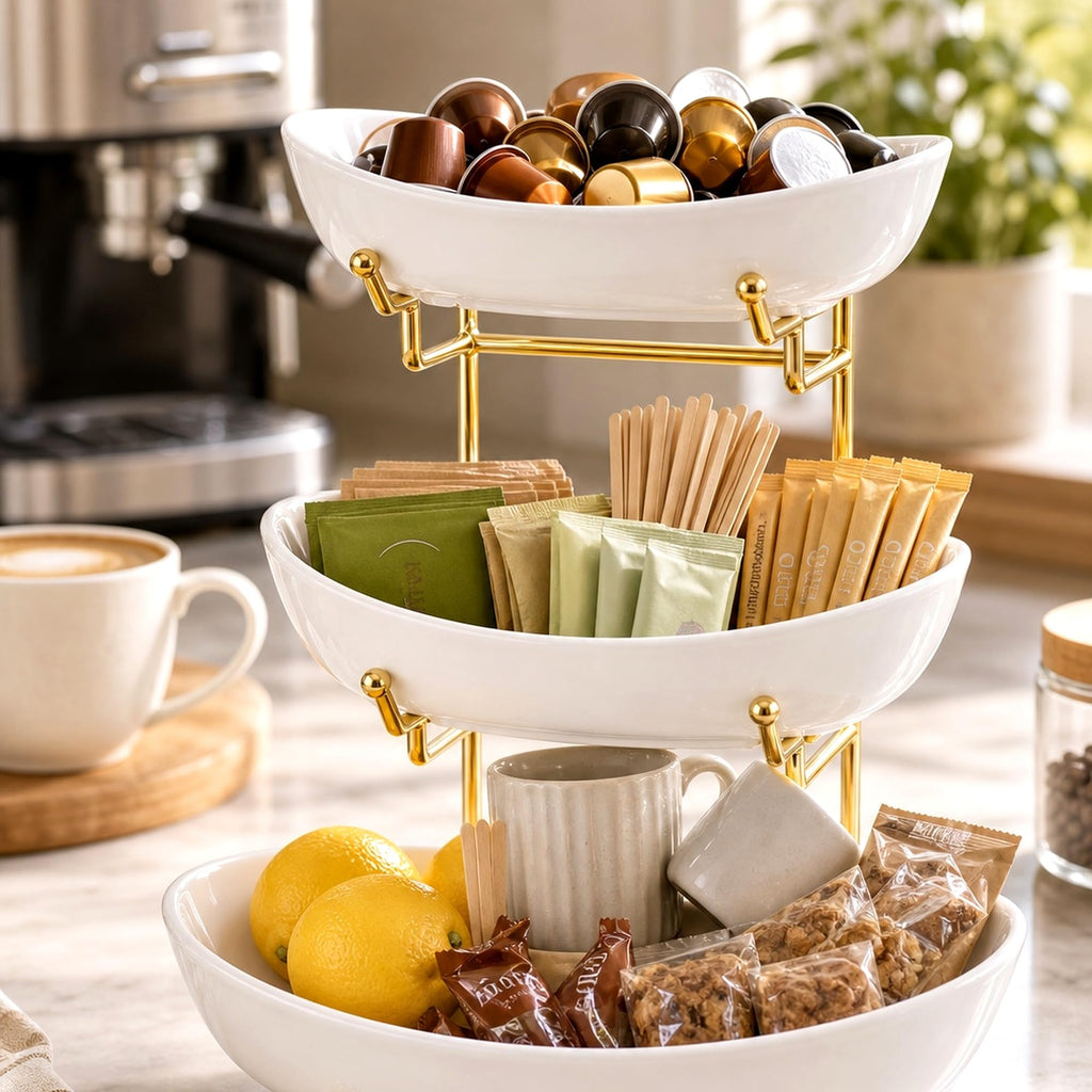 3 Tier Ceramic Fruit Basket with Gold Stand A176433