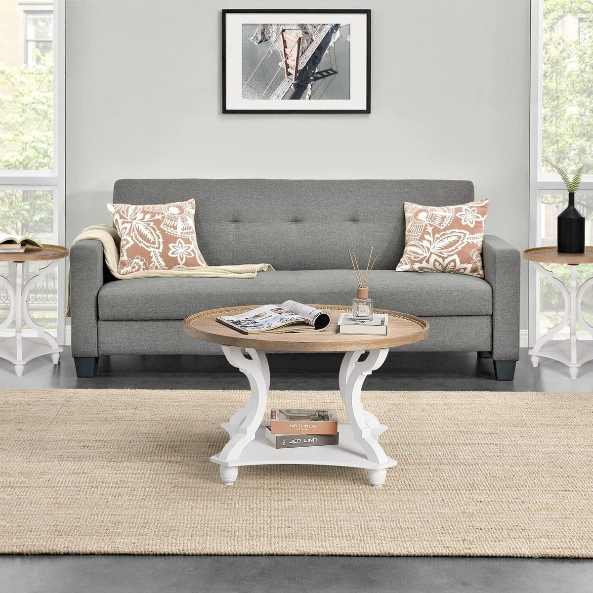 Farmhouse Round Coffee Table with Storage Shelf R962129