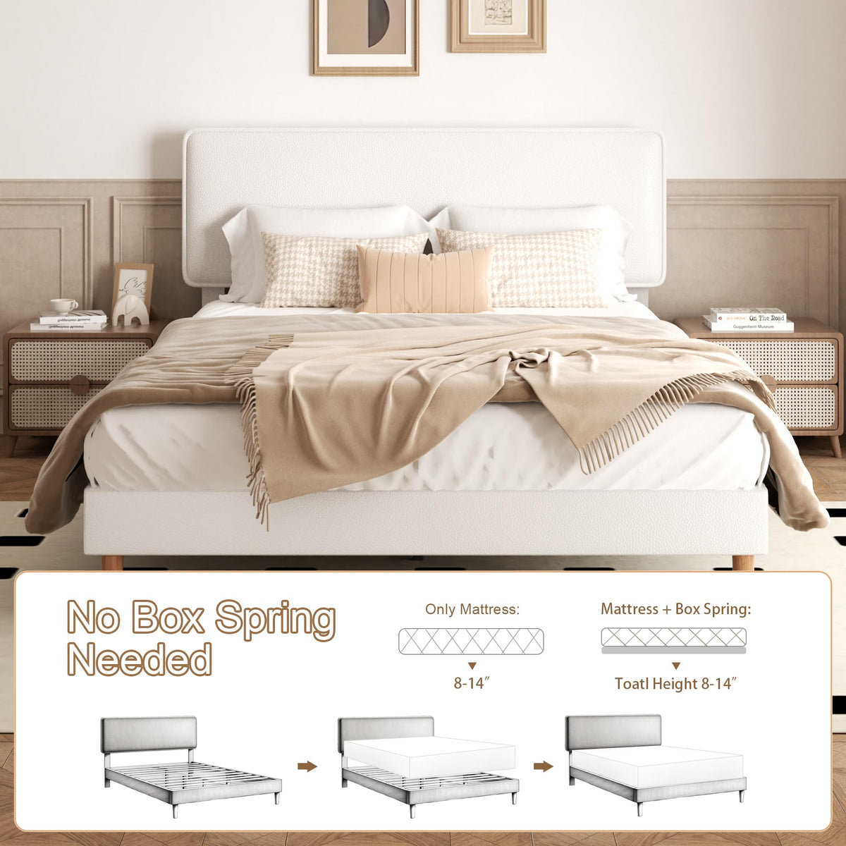 White Upholstered Bed Frame with Adjustable Headboard E946
