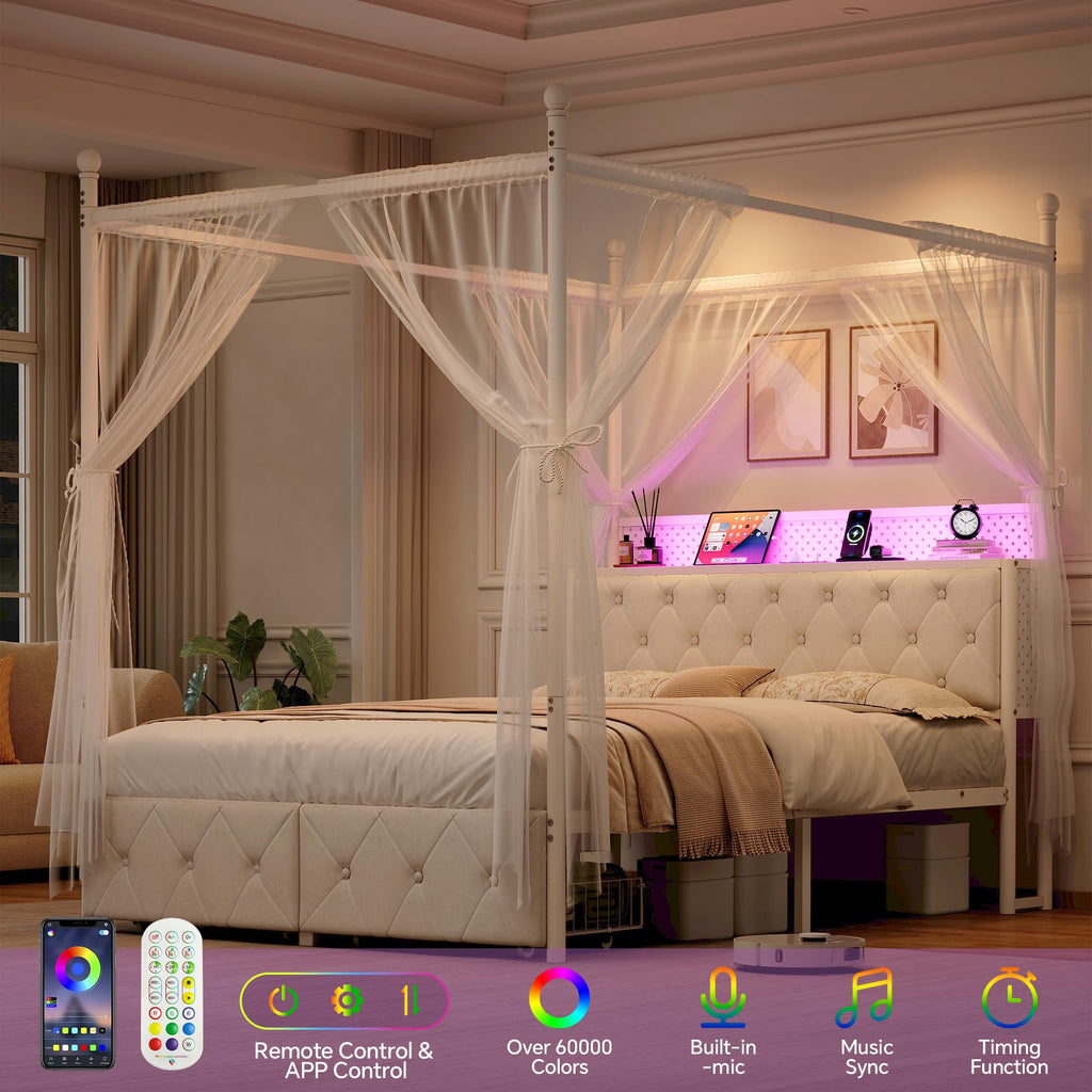 Full Size Canopy Bed Frame with Charging Station and LED Lights K971