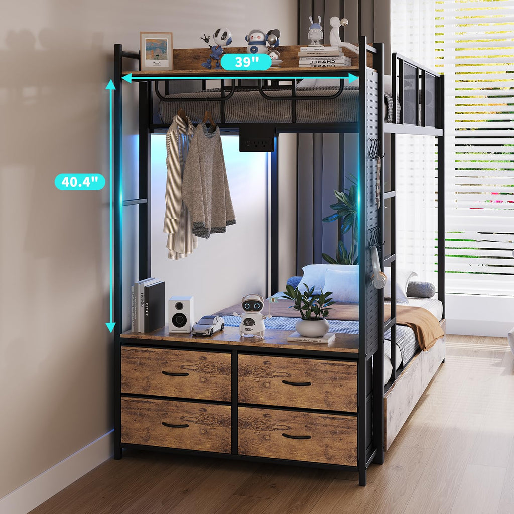 Twin Over Twin Metal Bunk Bed with Storage Drawers J7389