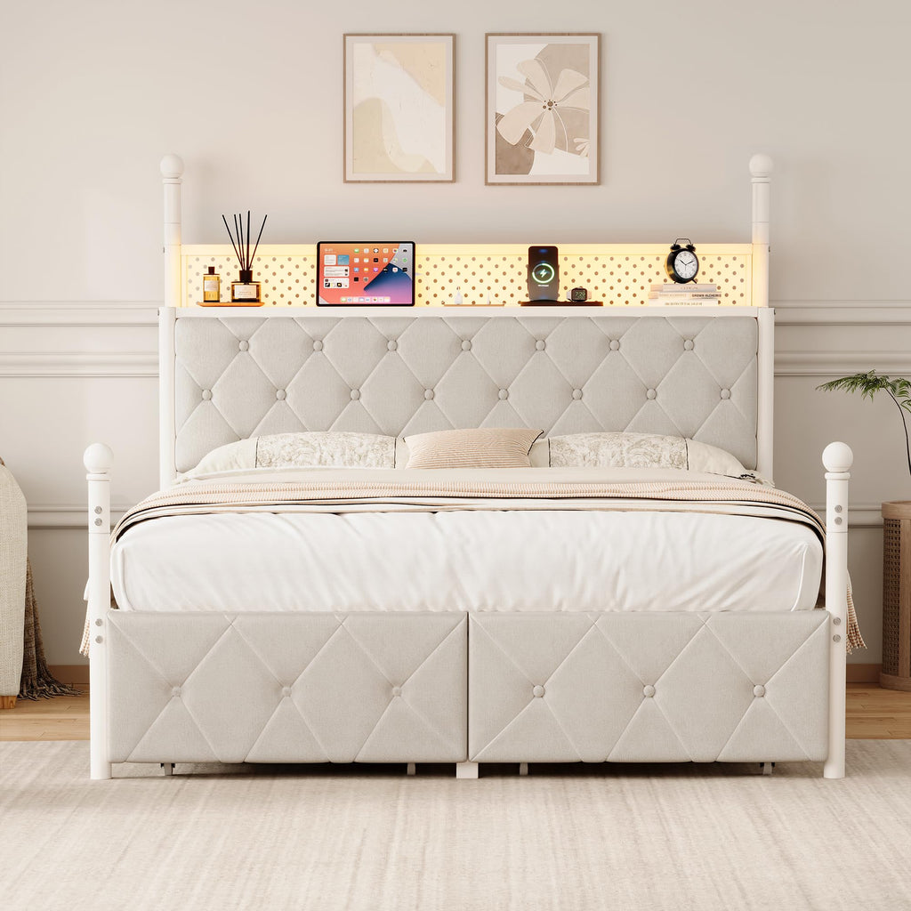 Full Size Canopy Bed Frame with Charging Station and LED Lights K971
