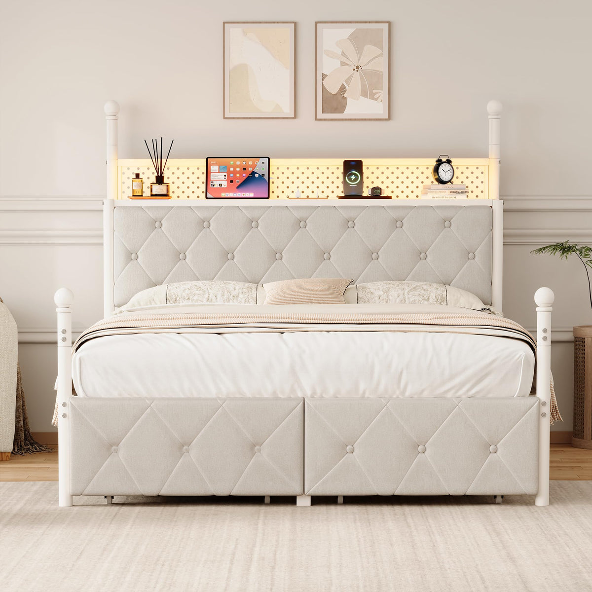 Full Size Canopy Bed Frame with Charging Station and LED Lights K971