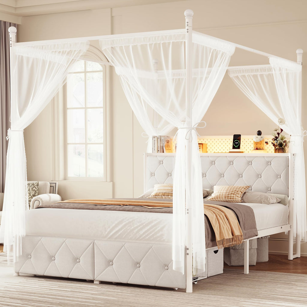 Full Size Canopy Bed Frame with Charging Station and LED Lights K971