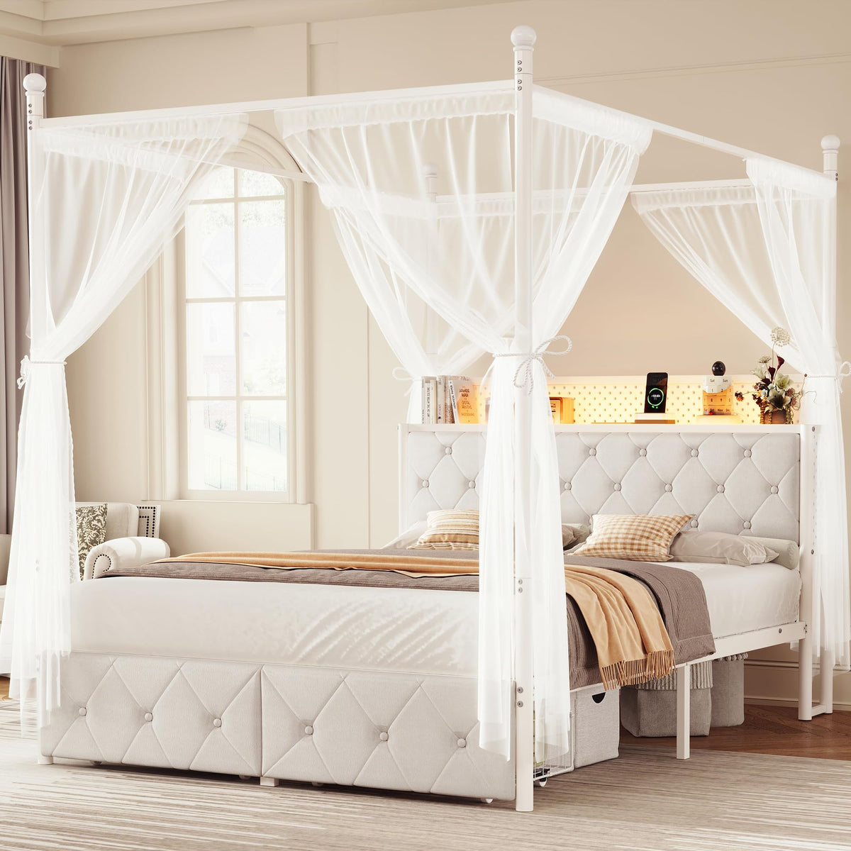 Full Size Canopy Bed Frame with Charging Station and LED Lights K971