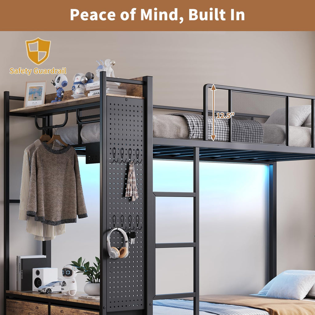 Twin Over Twin Metal Bunk Bed with Storage Drawers J7389