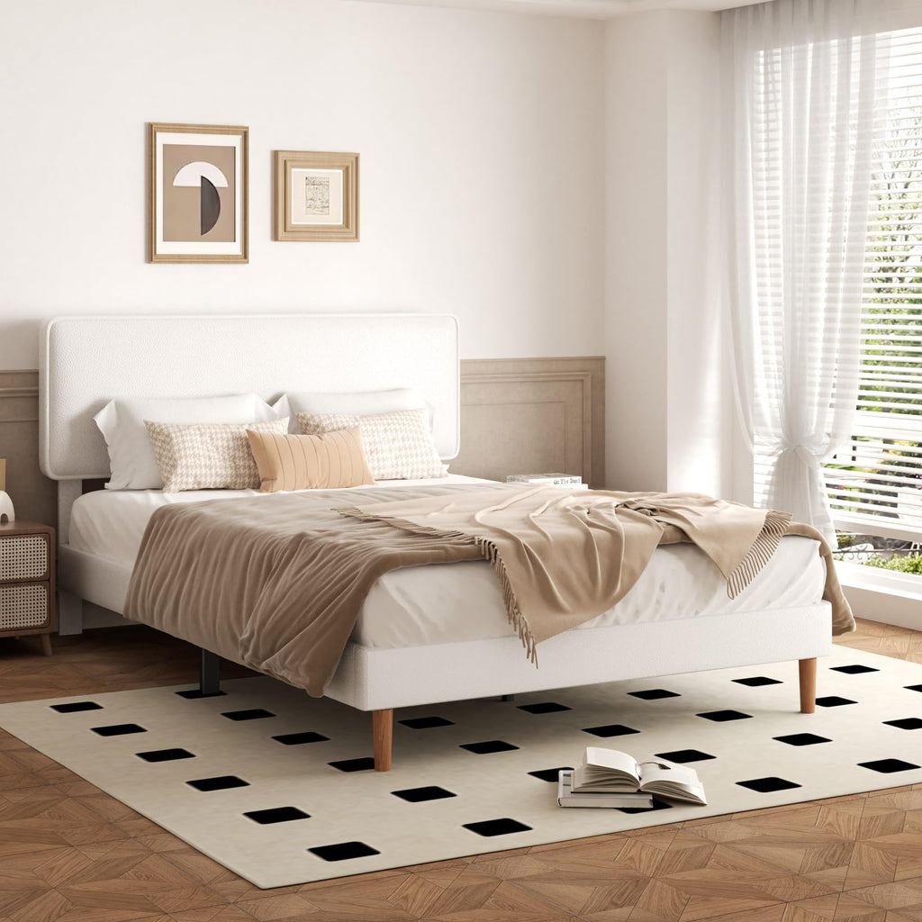 White Upholstered Bed Frame with Adjustable Headboard E946
