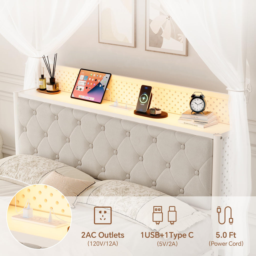 Full Size Canopy Bed Frame with Charging Station and LED Lights K971