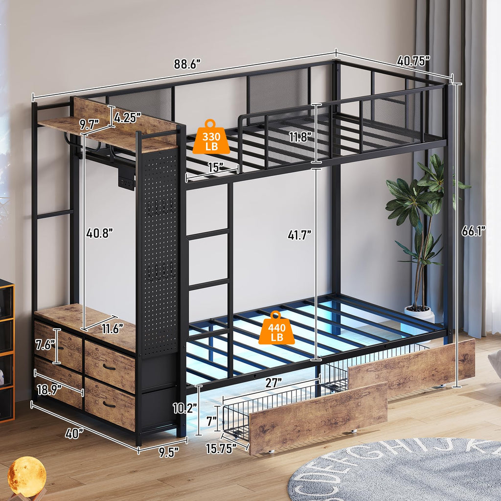 Twin Over Twin Metal Bunk Bed with Storage Drawers J7389
