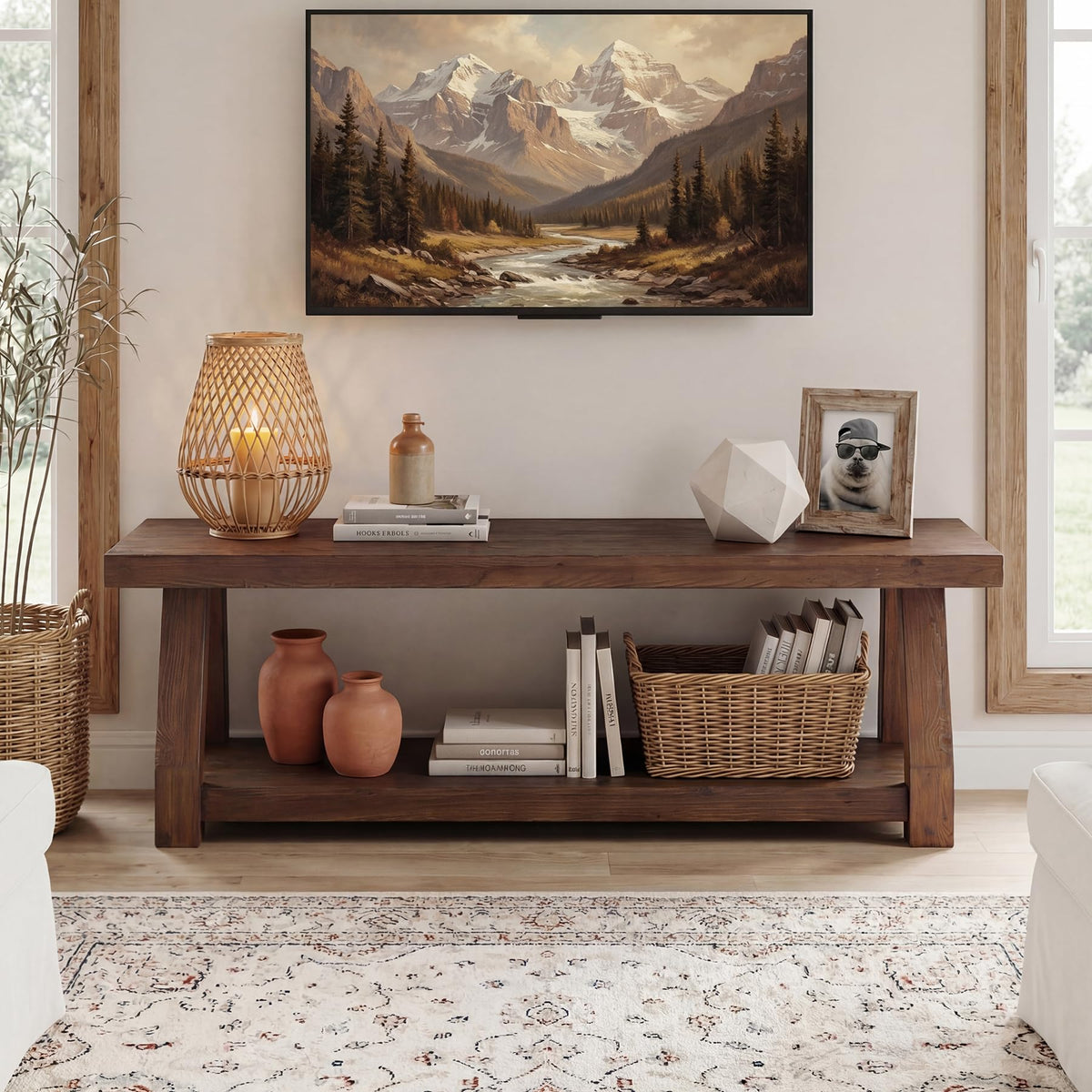 Solid Wood TV Stand, 2-Tier Media Console with Open Storage, Walnut Brown F75067