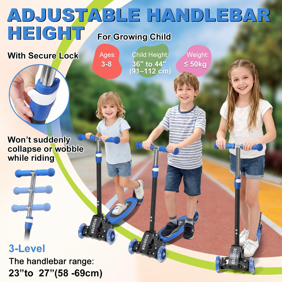 Light up 3 Wheels Folding Kick Scooter with Adjustable Handlebar C910