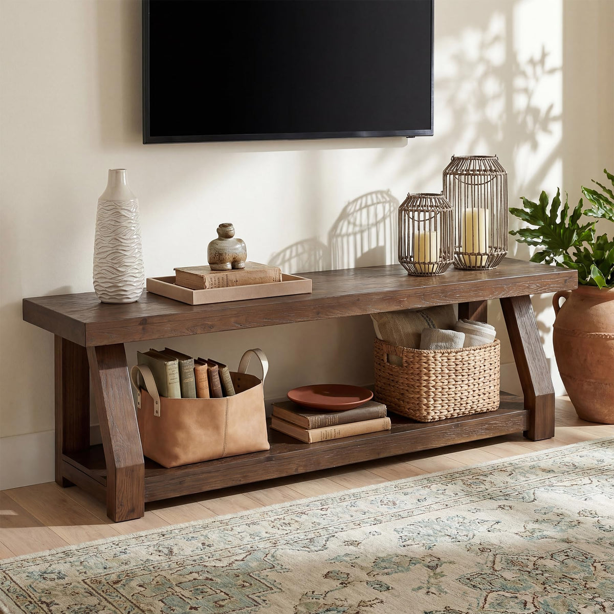 Solid Wood TV Stand, 2-Tier Media Console with Open Storage, Walnut Brown F75067