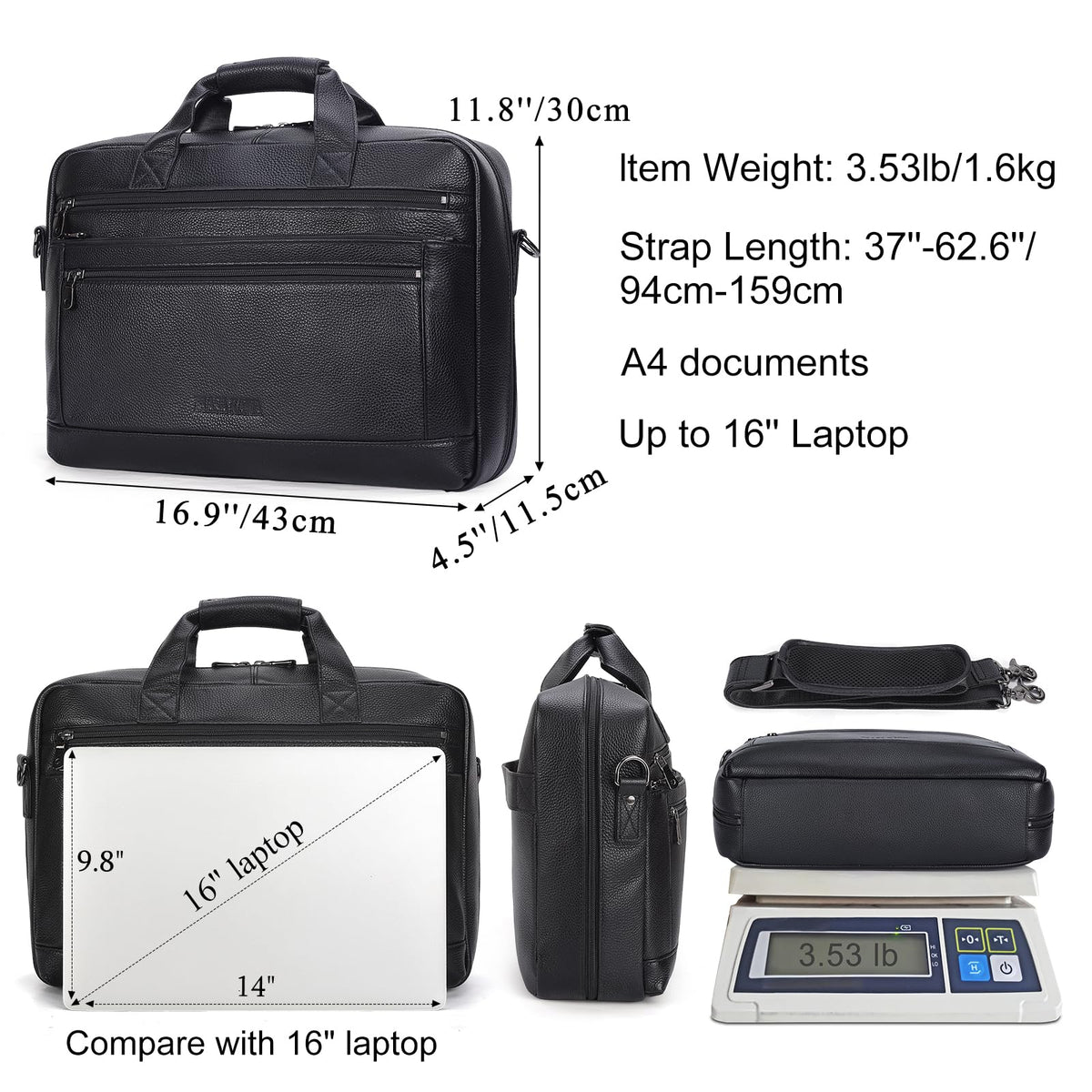 Black Leather 16 Inch Laptop Briefcase Bag E35246