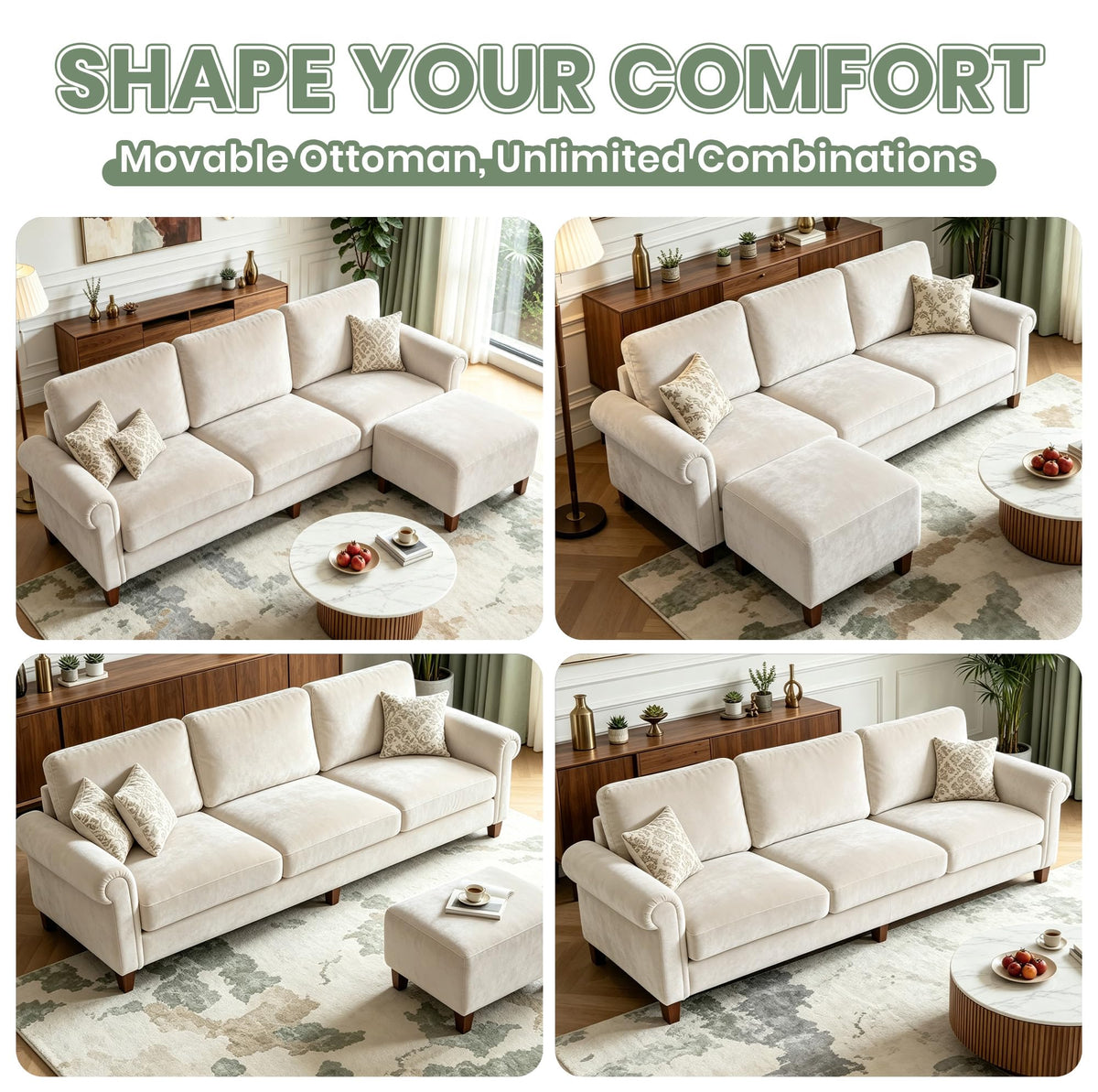 100" L-Shaped Velvet Sectional Sofa with Ottoman I285911
