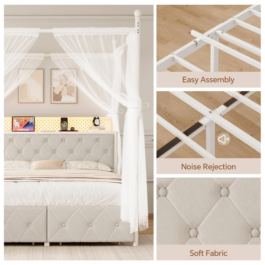 Full Size Canopy Bed Frame with Charging Station and LED Lights K971