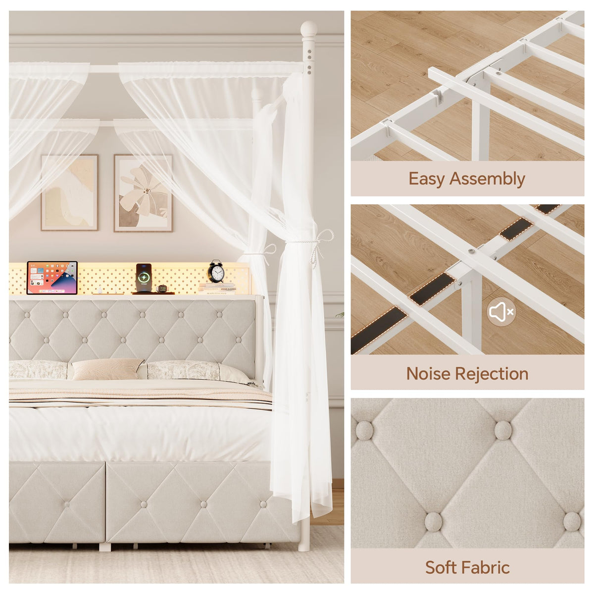 Full Size Canopy Bed Frame with Charging Station and LED Lights K971