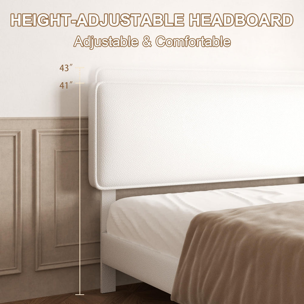White Upholstered Bed Frame with Adjustable Headboard E946