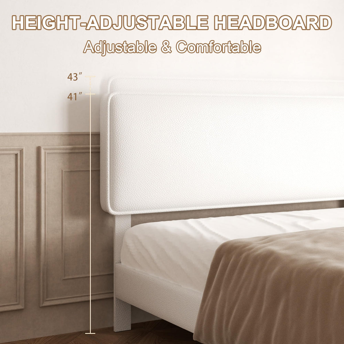 White Upholstered Bed Frame with Adjustable Headboard E946