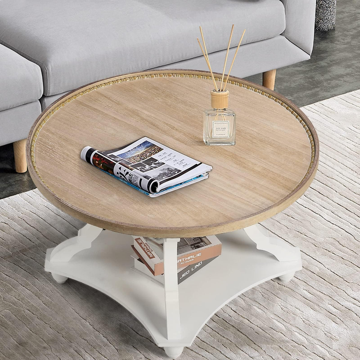 Farmhouse Round Coffee Table with Storage Shelf R962129