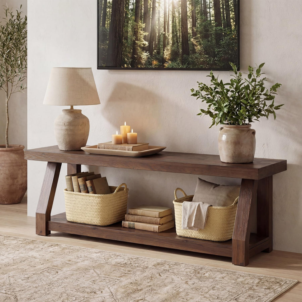 Solid Wood TV Stand, 2-Tier Media Console with Open Storage, Walnut Brown F75067