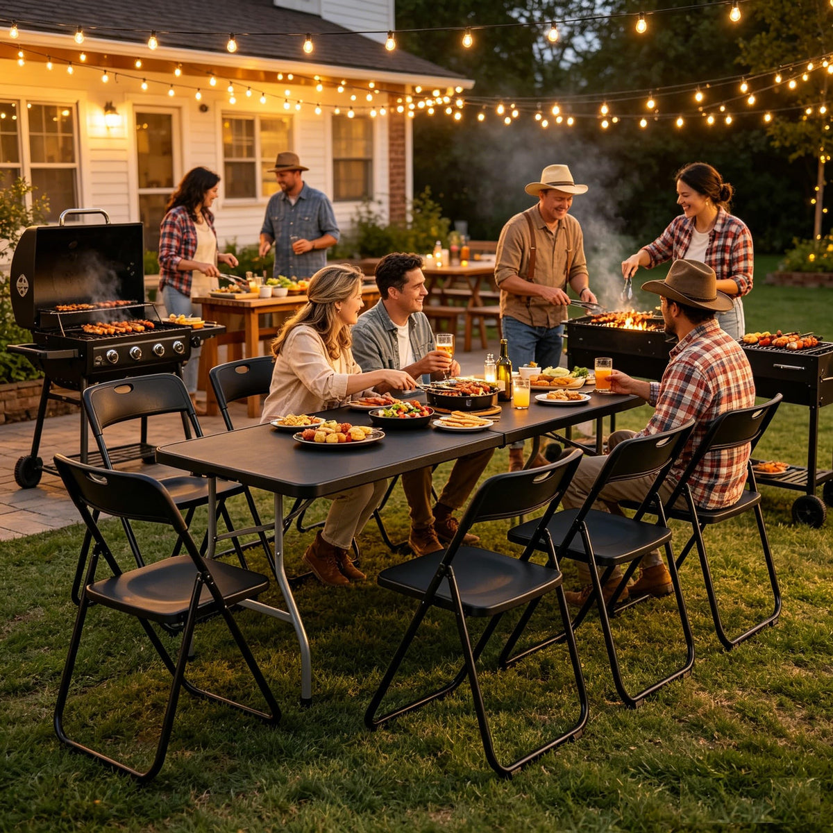 Black 8 Feet Foldable Picnic Table with 10 Folding Chairs X475
