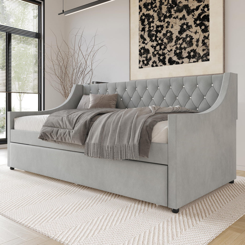 Twin Linen Upholstered Daybed with Trundle O449162