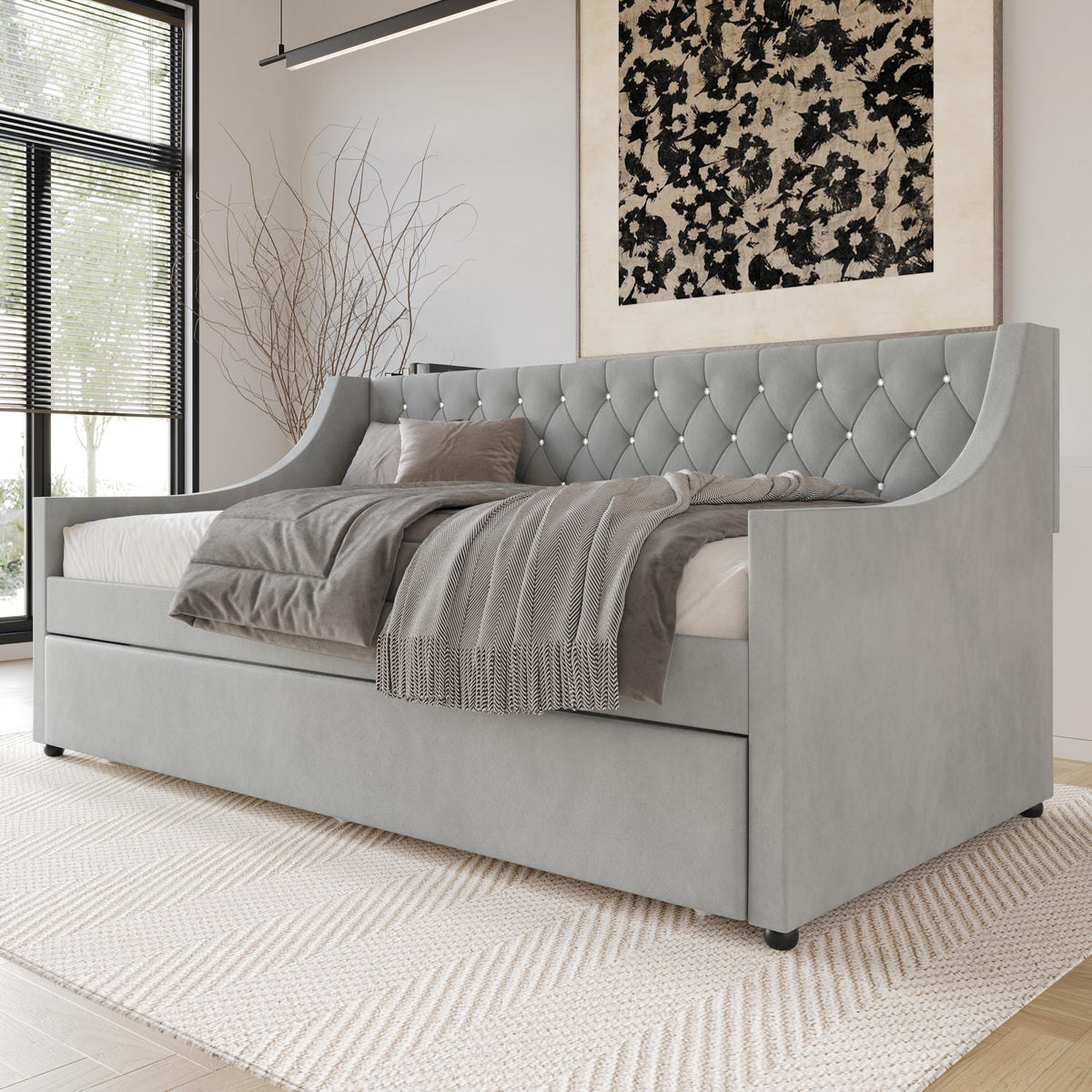Twin Linen Upholstered Daybed with Trundle O449162