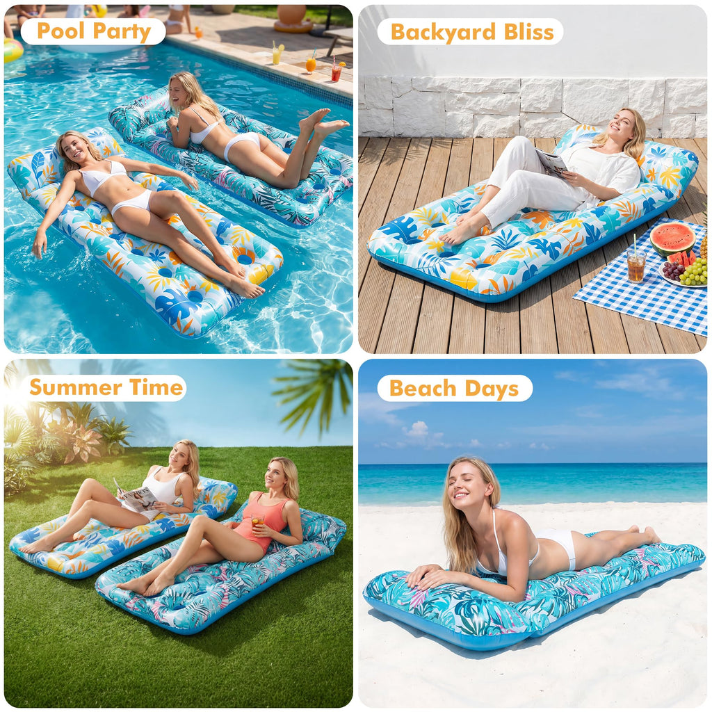 2 Pack Inflatable Pool Float Mat & 75" x 51" Tanning Pool Lounger B3869