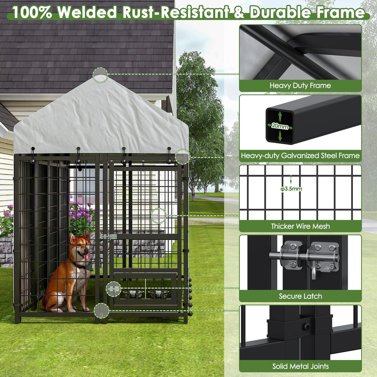 8x4x6 FT Metal Dog Kennel with 2 Dog Bowls I127827