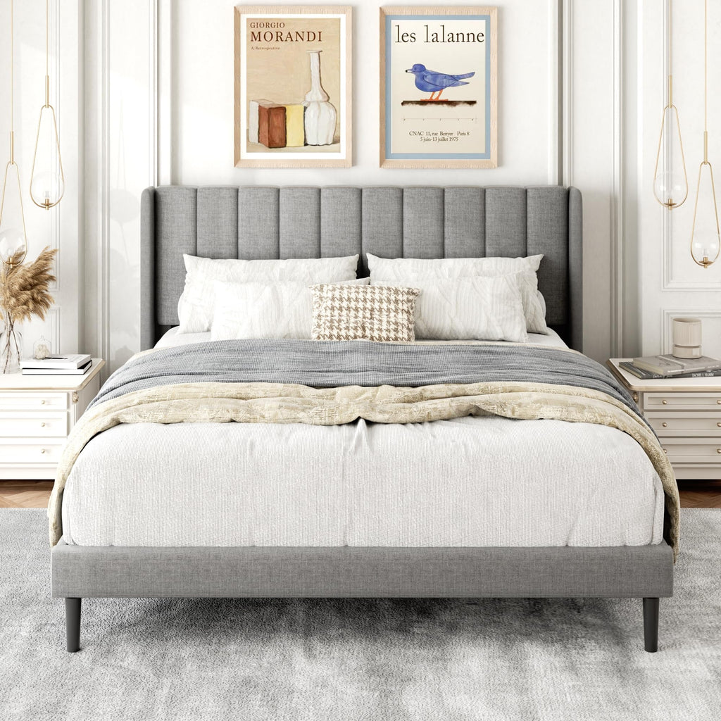 Queen Size Upholstered Platform Bed Frame with Wingback Headboard L74199